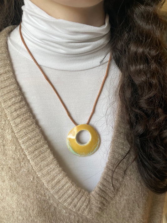 Round Pendant Necklace in Marigold and Pale Blue