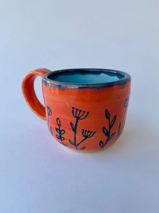 Coral Mug with Blue Flowers