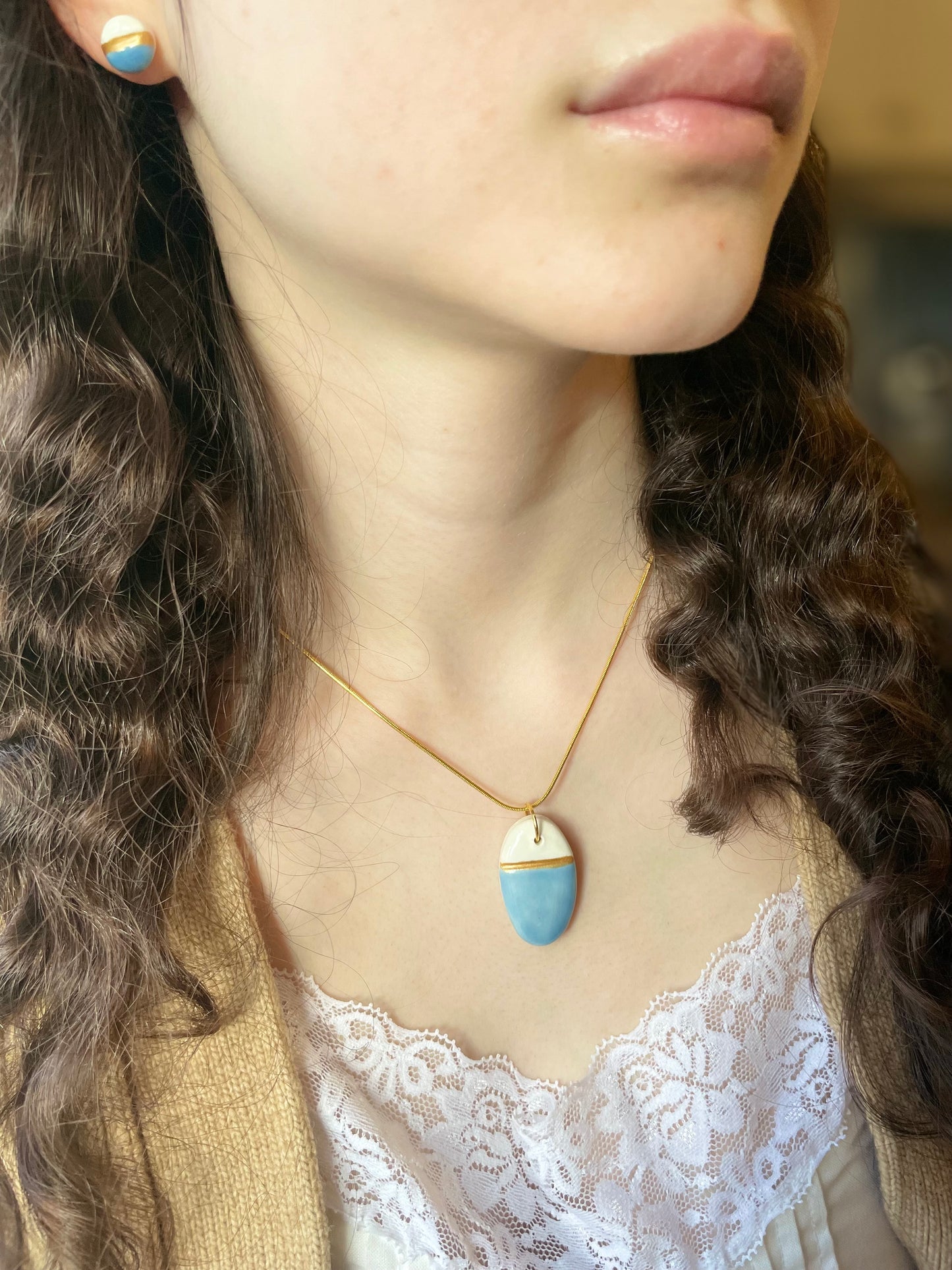 Oval Charm Necklace in Light Blue