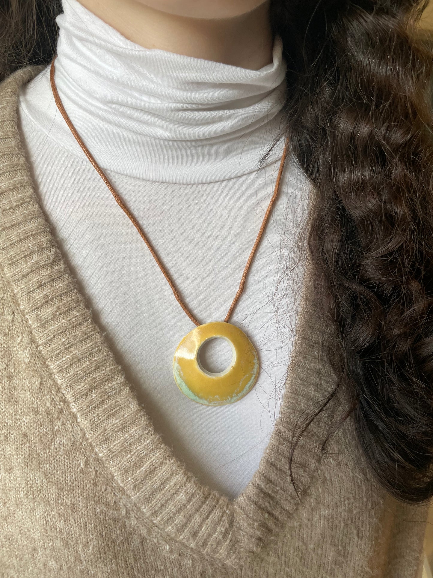 Round Pendant Necklace in Marigold and Pale Blue