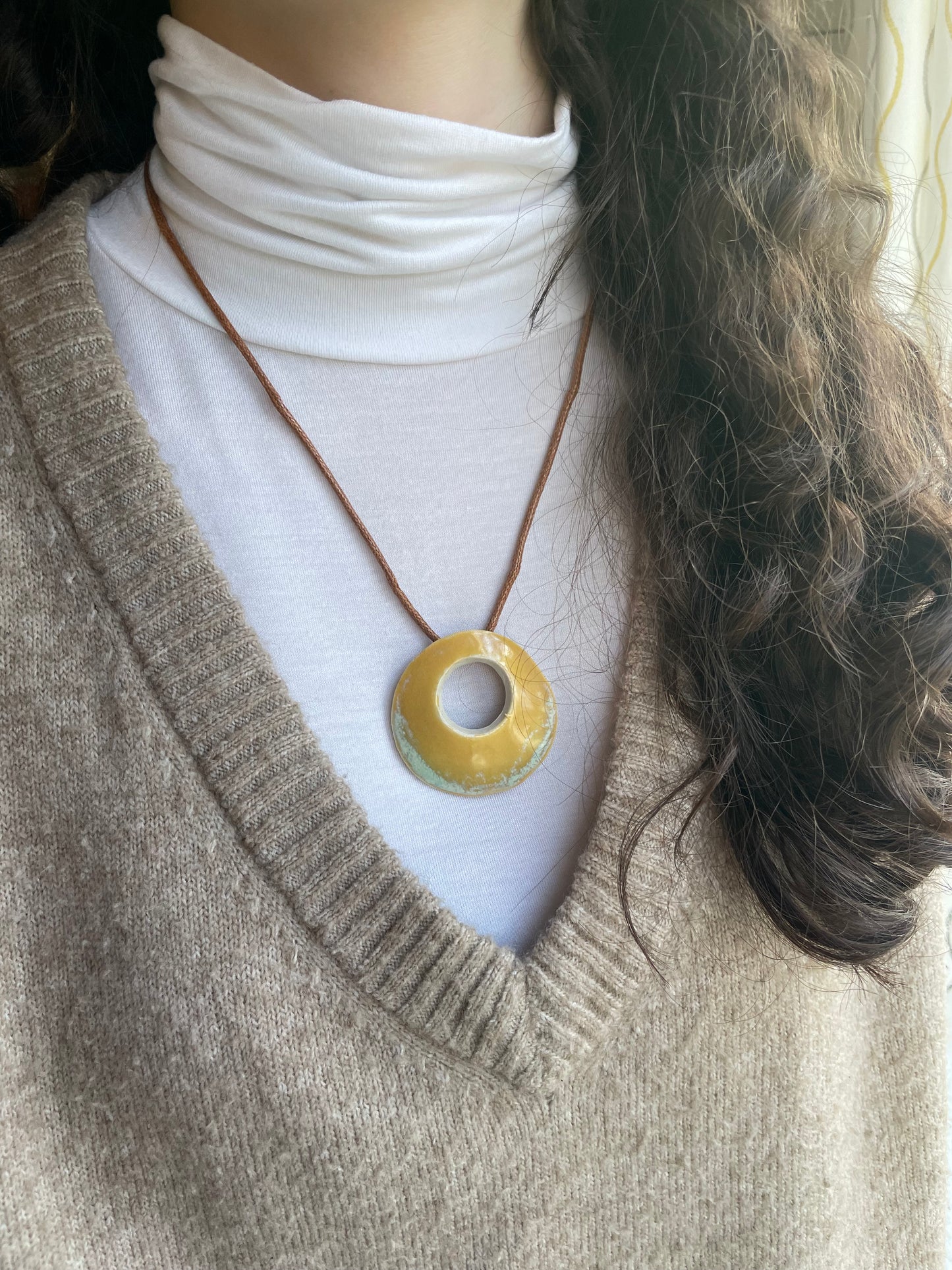 Round Pendant Necklace in Marigold and Pale Blue