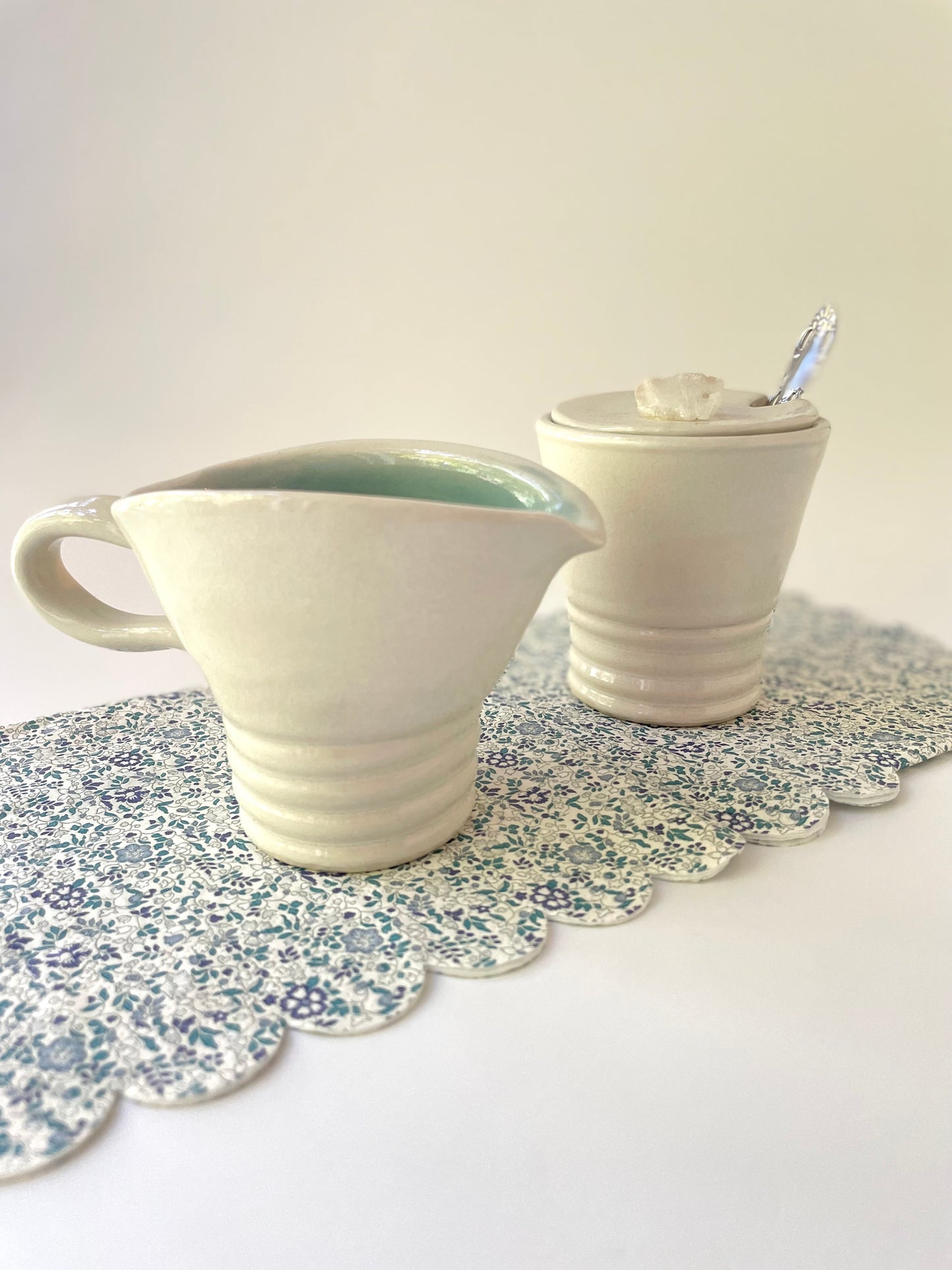 White and Celadon Sugar Bowl and Creamer