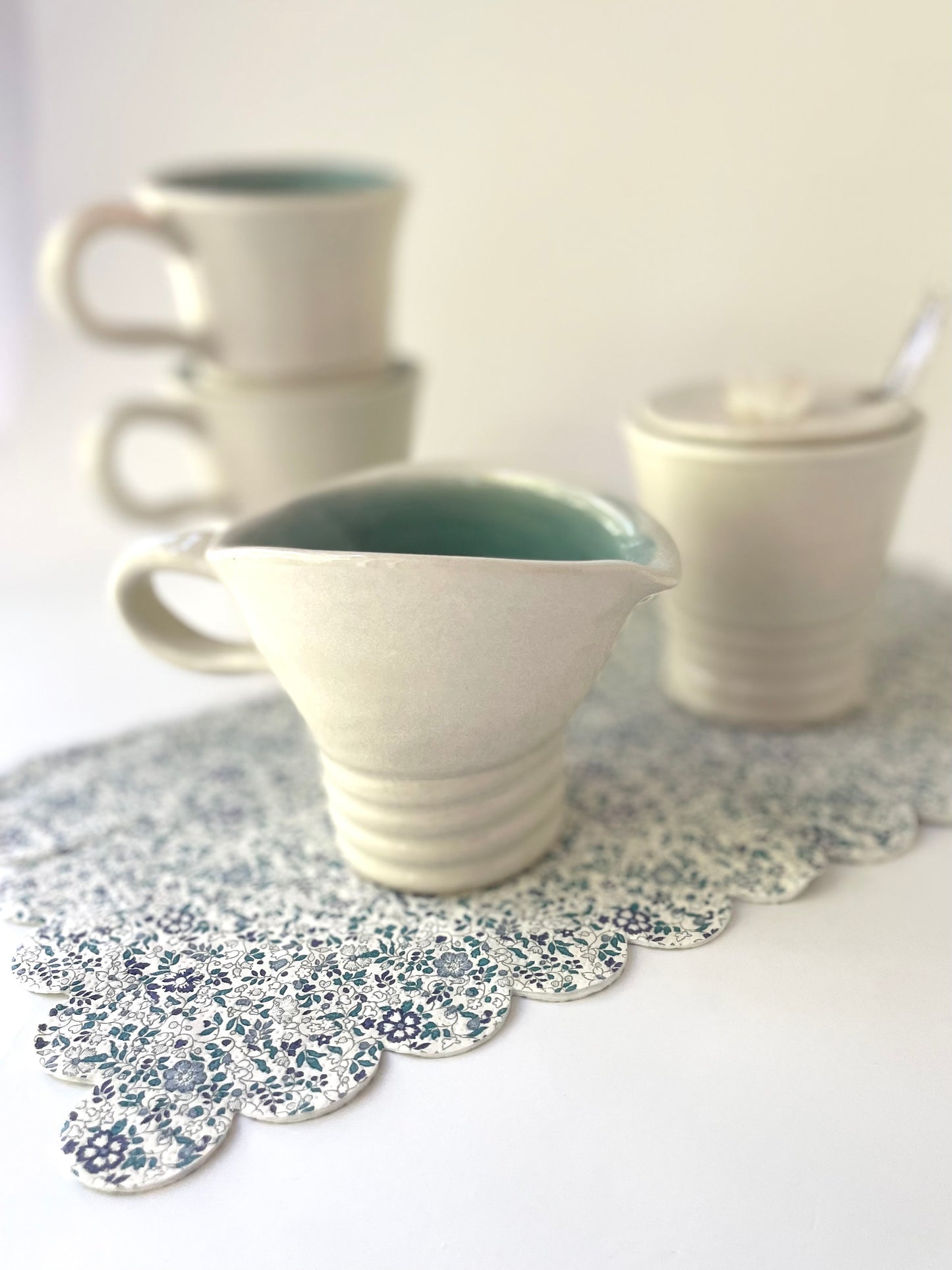 White and Celadon Sugar Bowl and Creamer