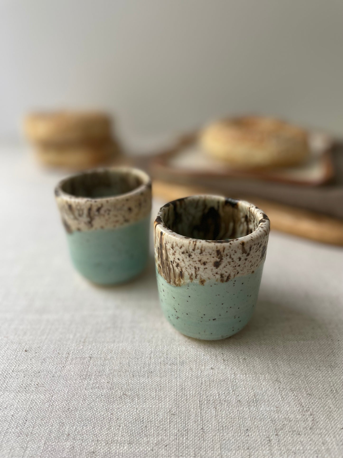 Blue and Birch Espresso Cups, Speckled Clay, Set of 2